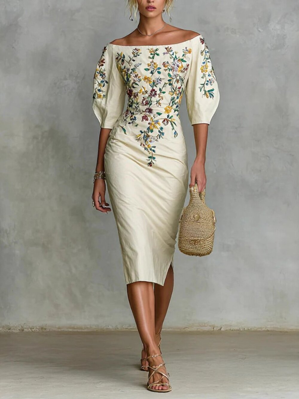 Women's Beige Off Shoulder Waist Dress